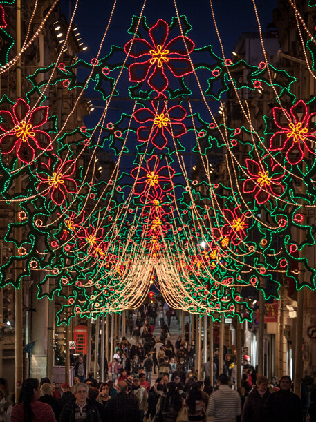 The streets of Valletta decorated for Christmas